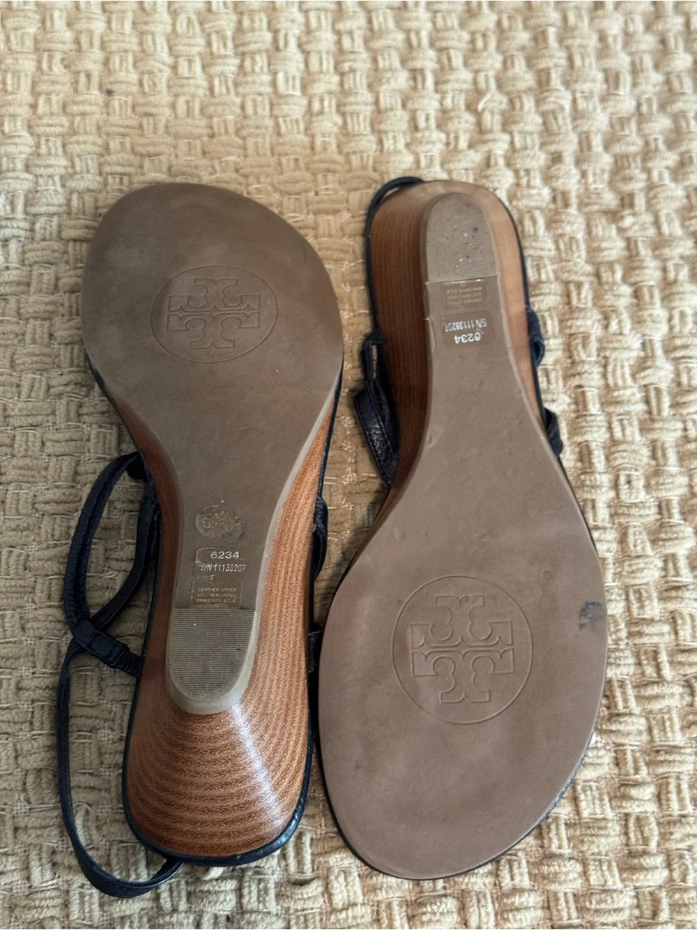 Tory Burch Navy Leather Wedge Thong Sandals with Gold Logo
